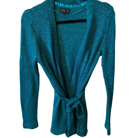 One A Sweaters - ONE‎ A Teal Sequin Cardigan Sweater Belted Long Sleeve Women's L